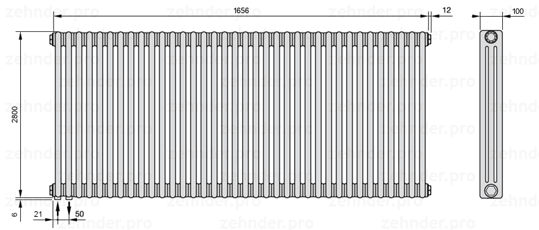 Схема (чертеж) Радиатор Zehnder Charleston 3280/36 №3370 Белый глянцевый RAL 9016